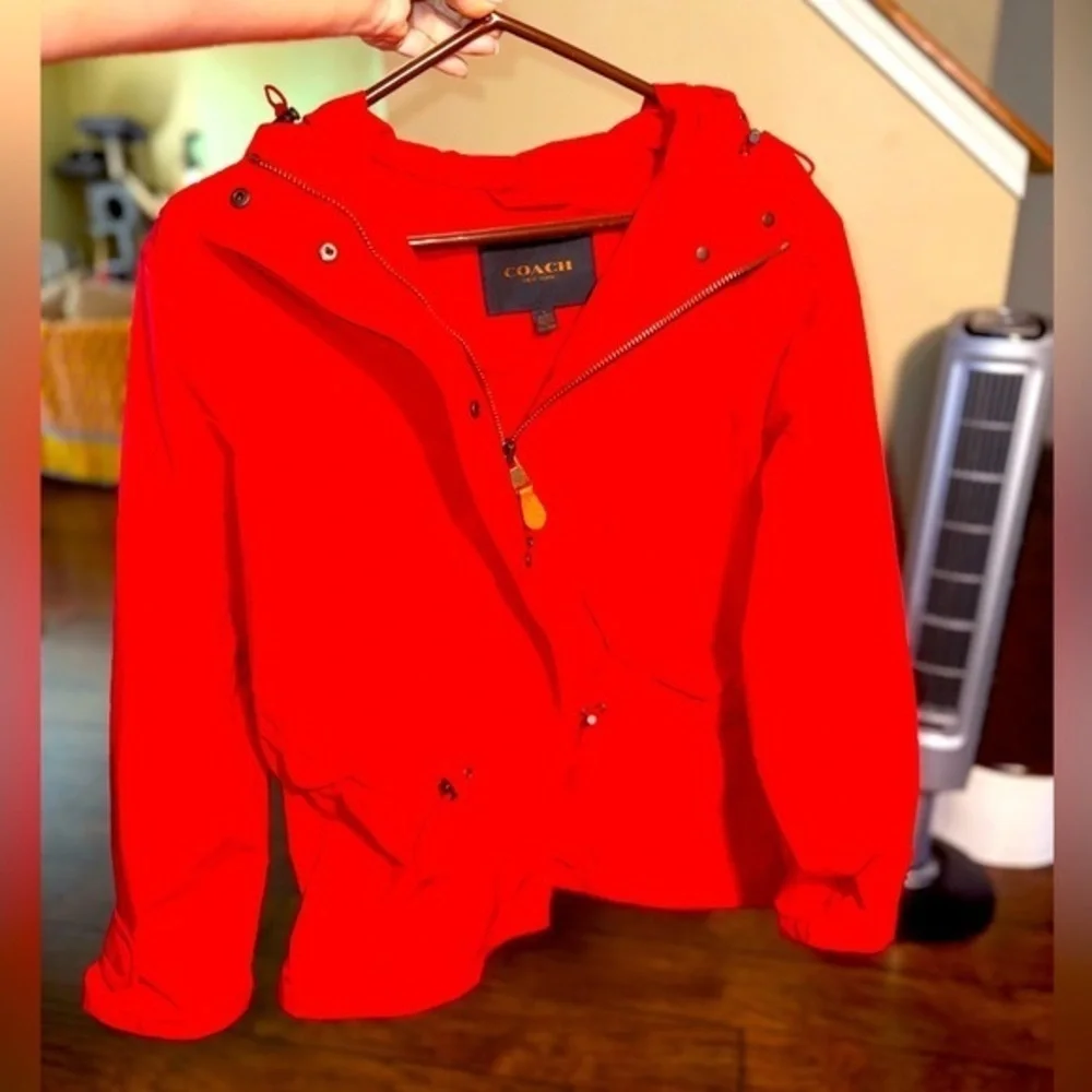 Coach Red Utility Anorak Jacket Hooded Lightweight Designer Leather Trim Size S
